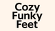 Text 'Cozy Funky Feet' in black on a beige background
