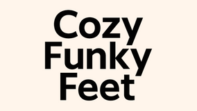 Text 'Cozy Funky Feet' in black on a beige background